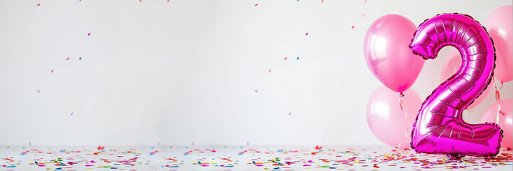 Pink-themed second birthday party decor with balloons, confetti, and a white backdrop.