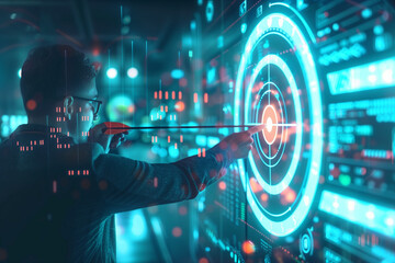 dynamic scene showing a businessman releasing an arrow towards a virtual target dartboard, with digital indicators and charts in the background, highlighting the focused effort in