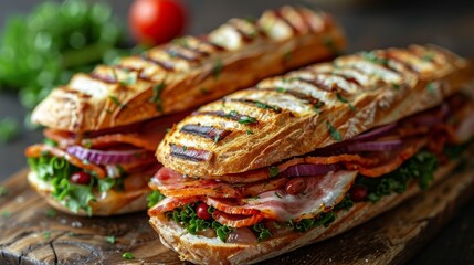 A fully loaded baguette sandwich with various meats and vegetables presented on a rustic wooden board