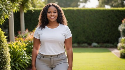 Naklejka premium Plus size young black woman wearing white t-shirt and grey jeans standing in the garden