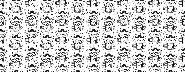 Beer Day seamless pattern in outline lay styling. Design for decor. Modern hand drawn vector illustration, flat style. Wrapping paper or banner. vector illustration