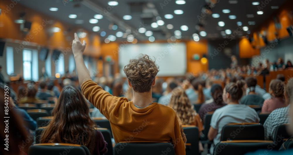 Aufkleber a student raises their hand during a lecture in a large university auditorium.