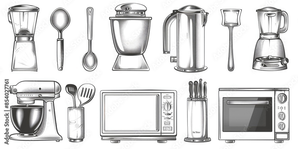 Poster a group of kitchen appliances and utensils arranged on a table or countertop, ready for use