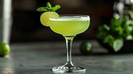 A chartreuse-colored cocktail served in a stylish glass, garnished with a slice of lime and a sprig...