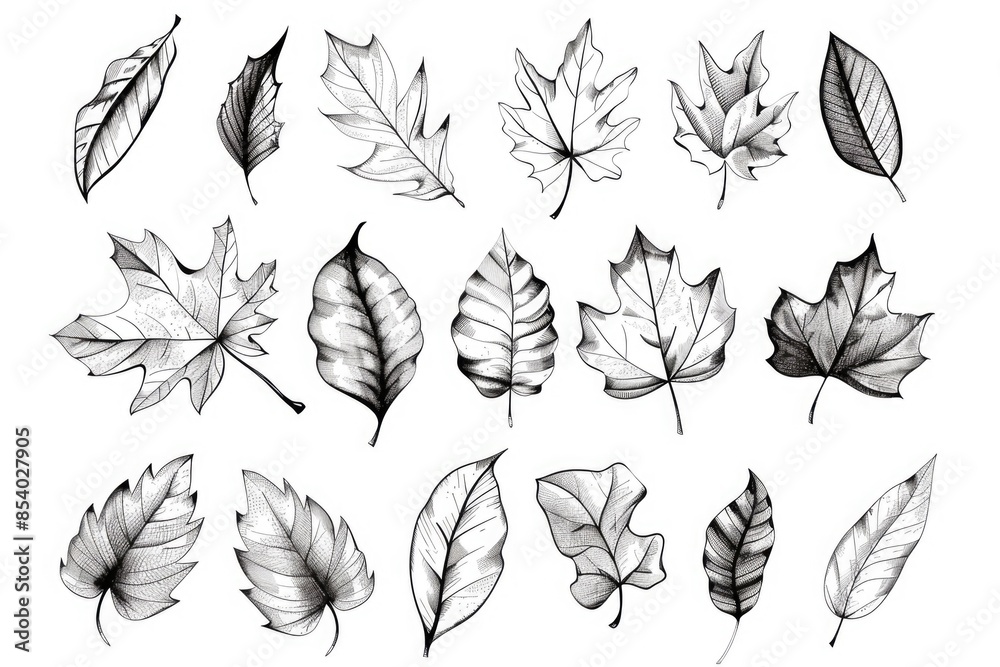 Poster illustrations of leaves drawn in black and white, suitable for use in design projects