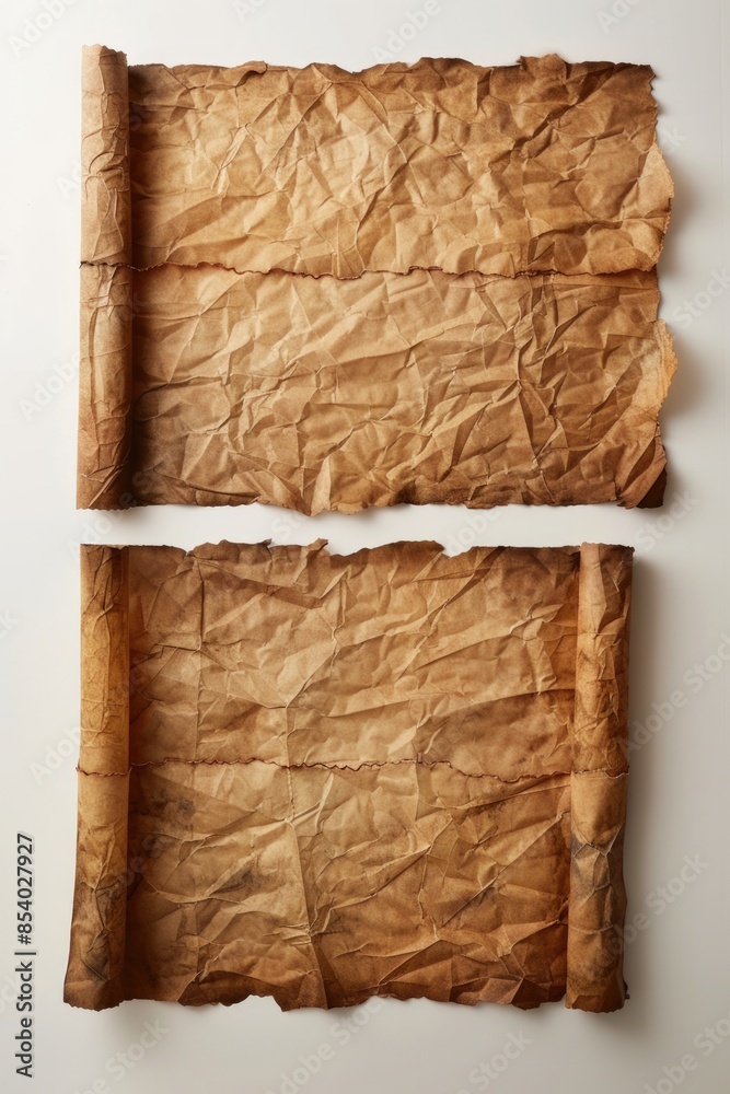 Poster Two pieces of brown paper lie flat on a white background, ideal for use in creative projects or as a background element