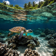 Fototapeta premium A turtle swims in sea clear water on the background of coral underwater reefs