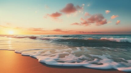serene beach at sunset, with gentle waves lapping at the shore and the sun dipping below the horizon.