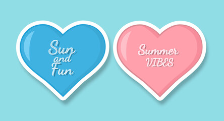 Hearts with summer inscriptions on a blue background. Sticker of colored hearts with a shadow. Cartoon retro style. Vector illustration.