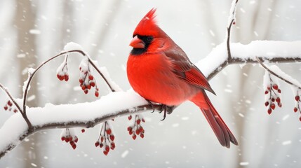 snow-covered cardinal perched on a snow-laden branch, its vibrant red plumage contrasting against the white backdrop.