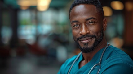 Obraz premium A smiling male nurse with facial hair in teal scrubs at work