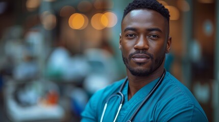 Fototapeta premium A confident male nurse with a focused expression and medical attire
