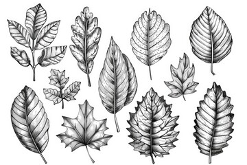 A close-up illustration of variously shaped leaves drawn with ink