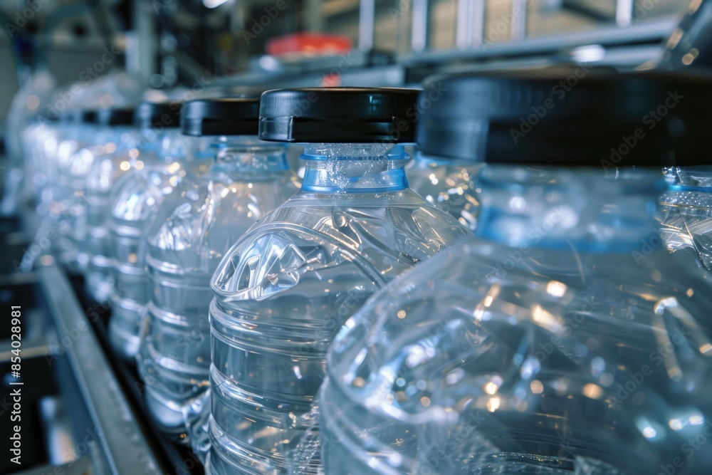 Poster a row of bottled water bottles moving along a conveyor belt, often used in scenes with food producti