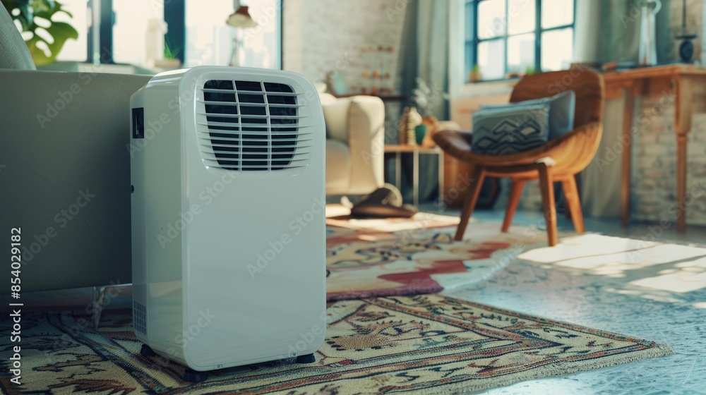 Poster a white air conditioner unit sitting on top of a rug, providing a modern and sleek design element in