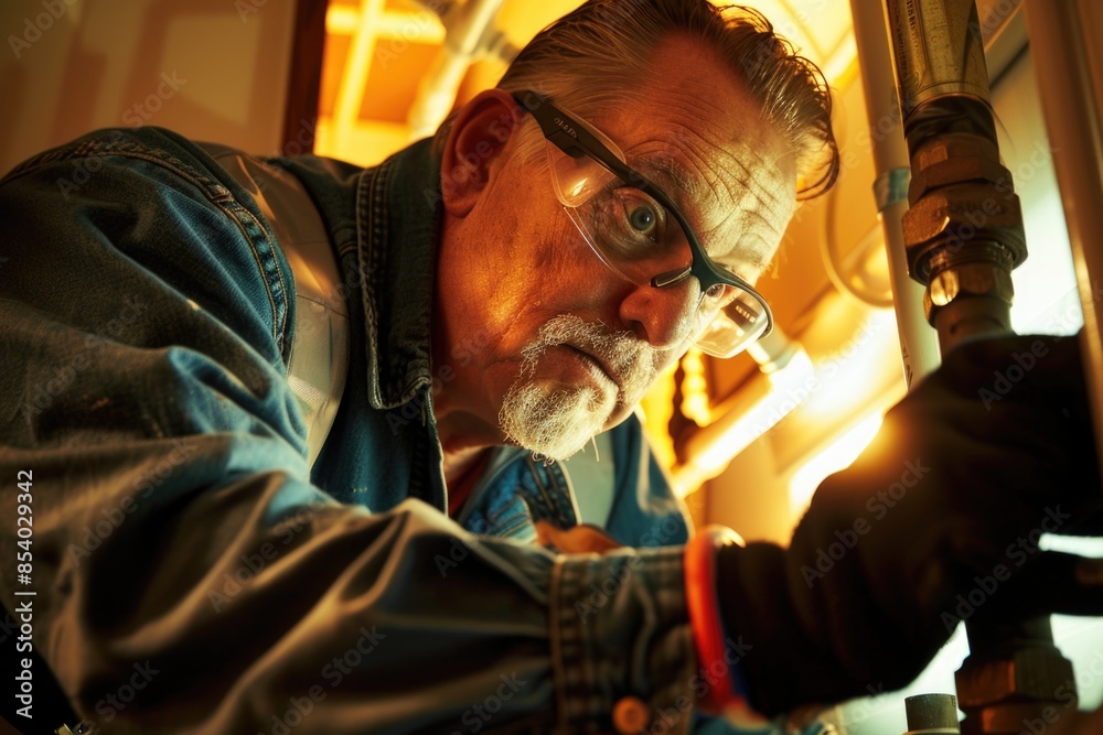 Poster a person with glasses and a beard is shown fixing a pipe, providing a clear representation of this e