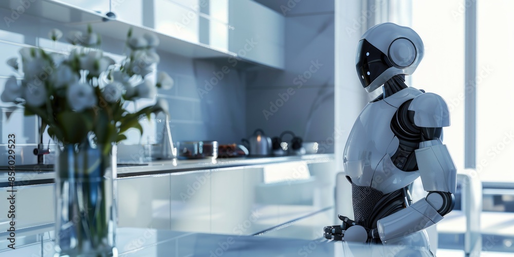 Poster a robot sitting on a counter with a vase of flowers nearby