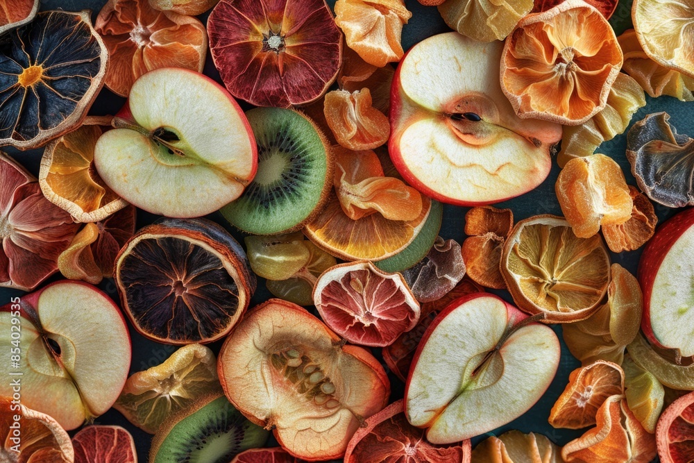 Poster a colorful arrangement of fresh sliced fruits on a table, perfect for snacking or as a decorative ce