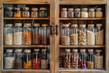A wooden cabinet filled with various types of food