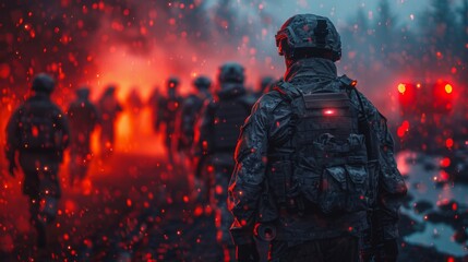 A squad of soldiers march under a red illuminated rainy backdrop, evoking a gritty essence