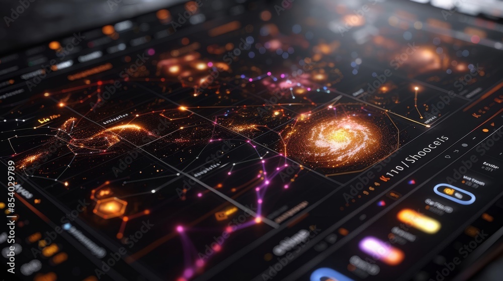 Aufkleber A close-up of a digital screen displaying a galaxy map, with glowing stars and planets connected by lines, showing a futuristic interface.