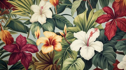 Wallpaper featuring a seamless pattern of tropical leaves and flowers, exuding a sense of tranquility and nature's beauty.