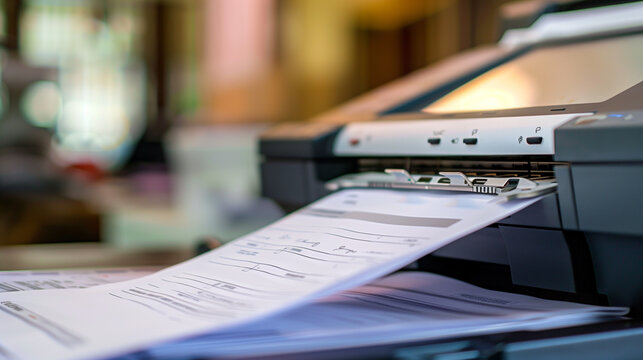 closeup on an old-fashioned fax machine that is currently transmitting pages