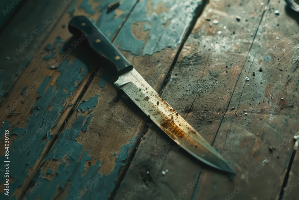Poster image of a knife lying on a worn-out wooden table with visible peeling paint