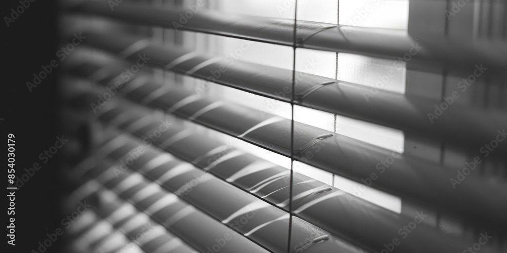 Poster A black and white photo of a window with closed blinds, suitable for use in minimalist design or architectural context