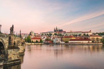 Prague Castle with Charles bridge at sunrise, Prague, Czech Republic, Europe.
