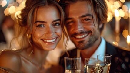 Cheerful young couple in formal wear toasting champagne glasses at an event