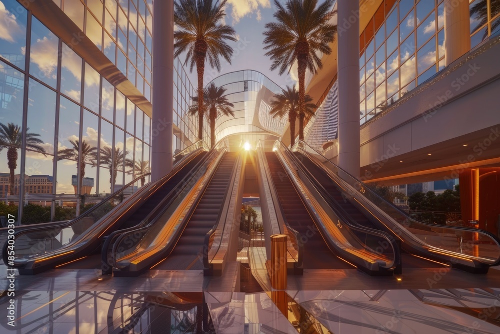 Aufkleber An escalator in a modern building with palm trees in the background, perfect for use in interior design or architecture concepts