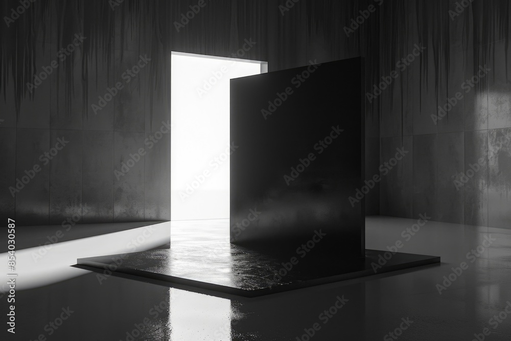 Poster a simple and elegant image of an open door, captured in black and white