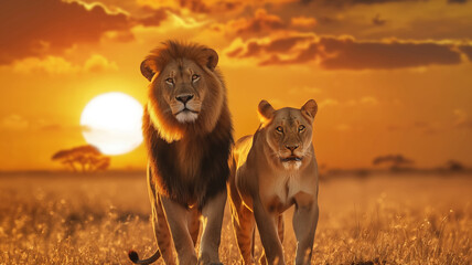 A lion and a lioness walk along the savannah against the backdrop of sunset.