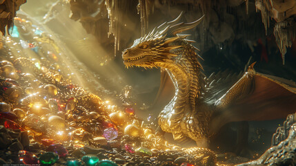majestic dragon perched on a treasure hoard with radiant gemstones and golden artifacts, fantasy cave scene