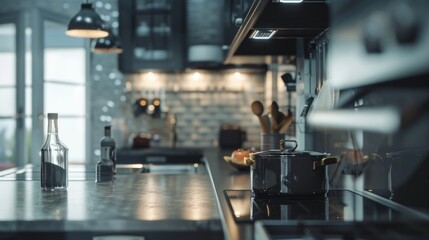 A simple kitchen counter setup with a bottle of wine