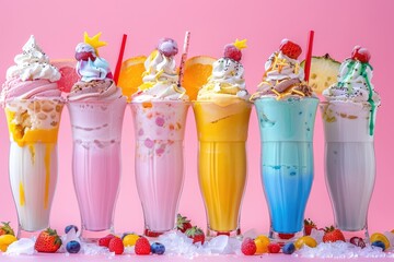 Summer concept - selection of colorful ice cream float, milkshakes