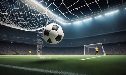 Naklejka premium A soccer ball on the soccer field in the pallet near the goal