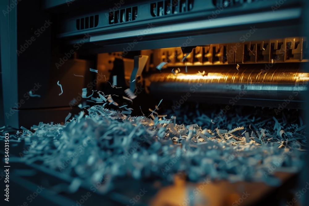 Poster A machine covered in shredded paper, often used for tasks such as document preparation or archival storage
