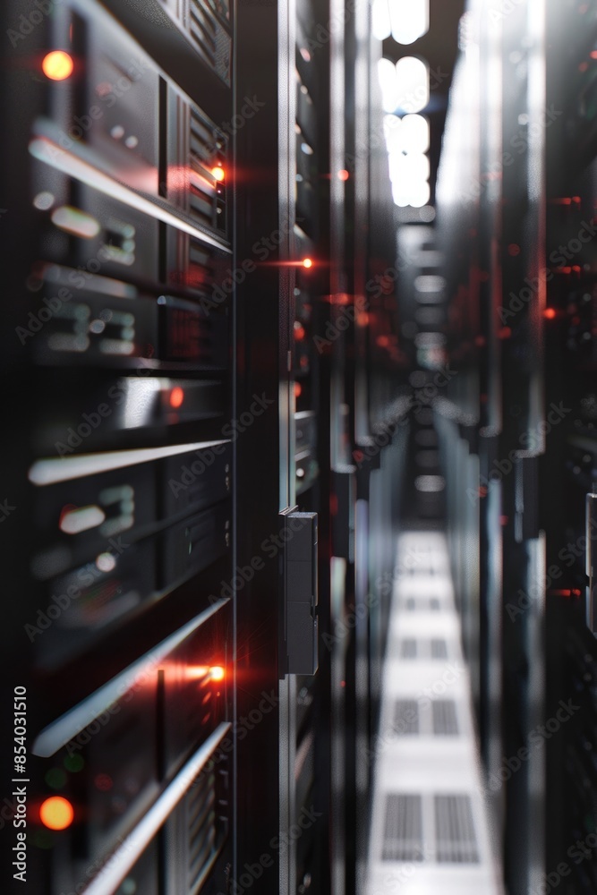 Poster row of servers in a server room environment