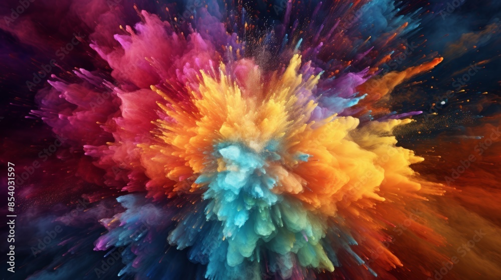Poster close-up shot of holi powder exploding, creating a mesmerizing kaleidoscope of colors.
