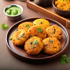 Indian street food aloo tikki also called tiki, potato patties, patty or potato cutlet serve with green chutney