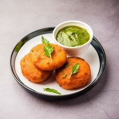 Indian street food aloo tikki also called tiki, potato patties, patty or potato cutlet serve with green chutney