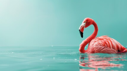 Pink flamingo standing in clear water with turquoise background