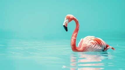 Flamingo in calm water with aqua background