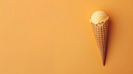Vanilla ice cream scoop in waffle cone on peach background