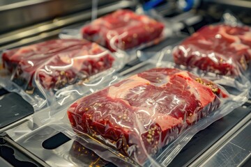 Obraz premium Fresh meat packaged on a moving conveyor belt, suitable for use in commercial or industrial settings