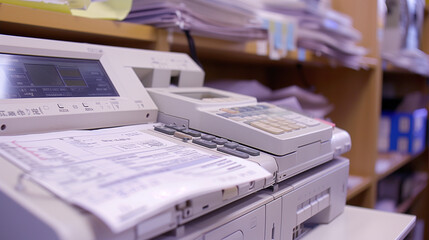 Fax machine prints in a cluttered office, adding chaos to the busy workplace. Employees feel pressure and stress in the messy corporate environment