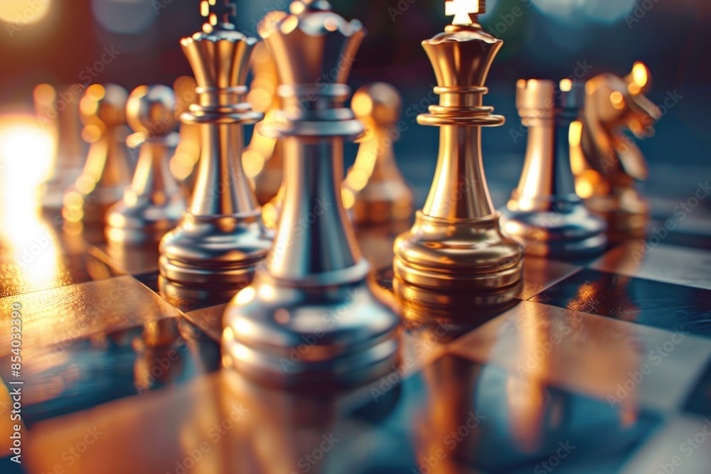 Poster A detailed view of a chessboard with multiple pieces, suitable for illustrating strategies or games