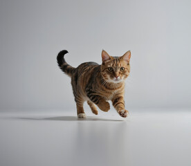 A Manx cat running, full whole body, professional photography posing